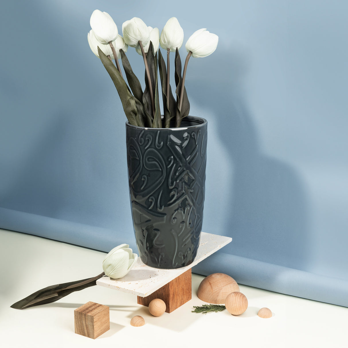 Diwan de lujo - Jarrón decorativo grande - Azul oscuro y plateado