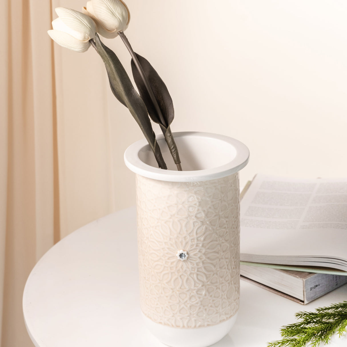 Asala - Large Decorative Vase - Beige & Silver