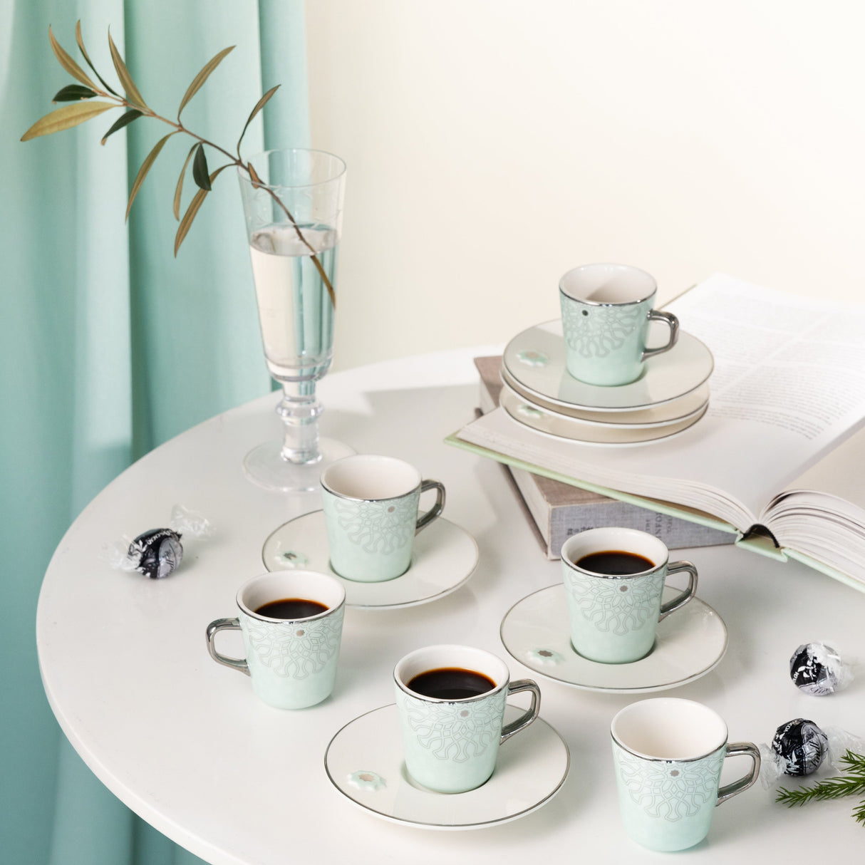 Asala - Esspresso/ Turkish Coffee Set (12-Pc) - Teal & Silver