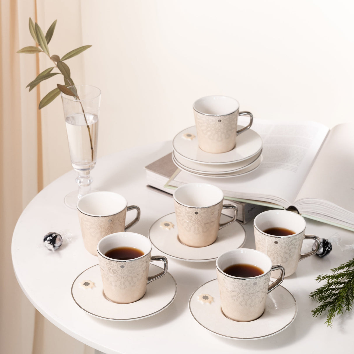 Asala - Cappuccino Set (12-Pc) - Beige & Silver