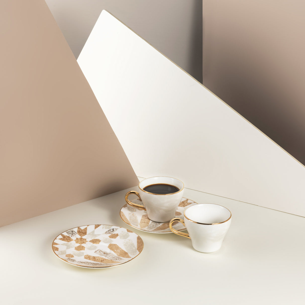 Amal - Espresso /Turkish Coffee Cups, (12-Pc)- Beige & Gold