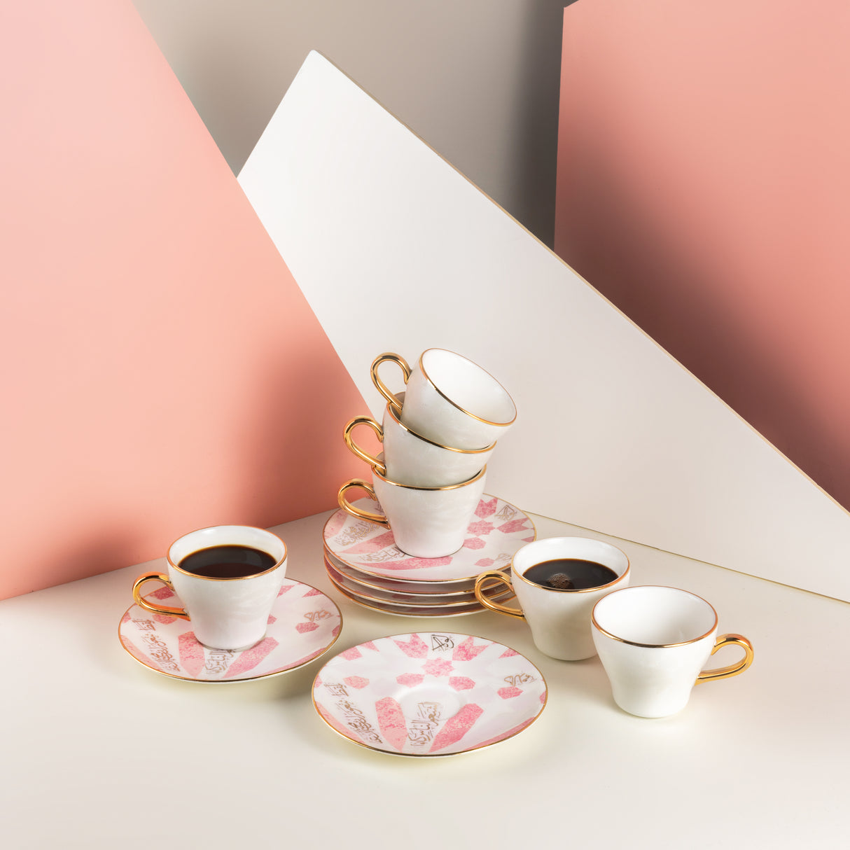 Amal - Cappuccino Cups, (12-Pc)- Pink & Gold