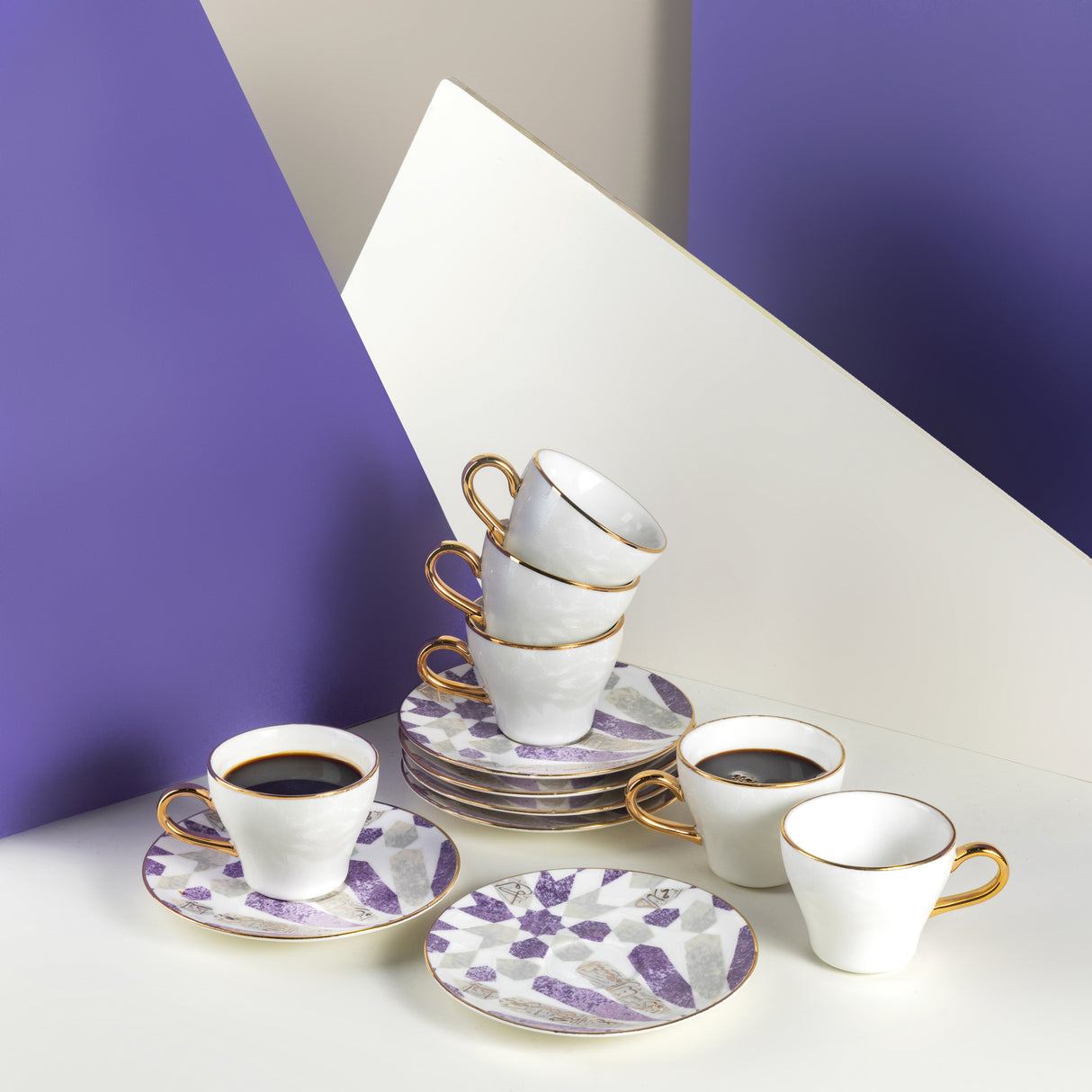 Amal - Cappuccino Cups, (12-Pc)- Purple & Gold