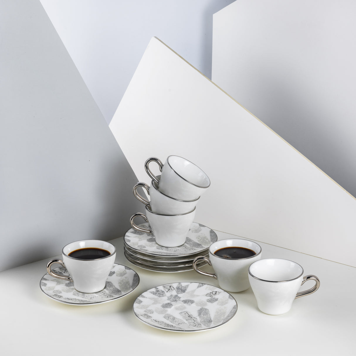 Amal - Espresso /Turkish Coffee Cups, (12-Pc)- Grey & Silver