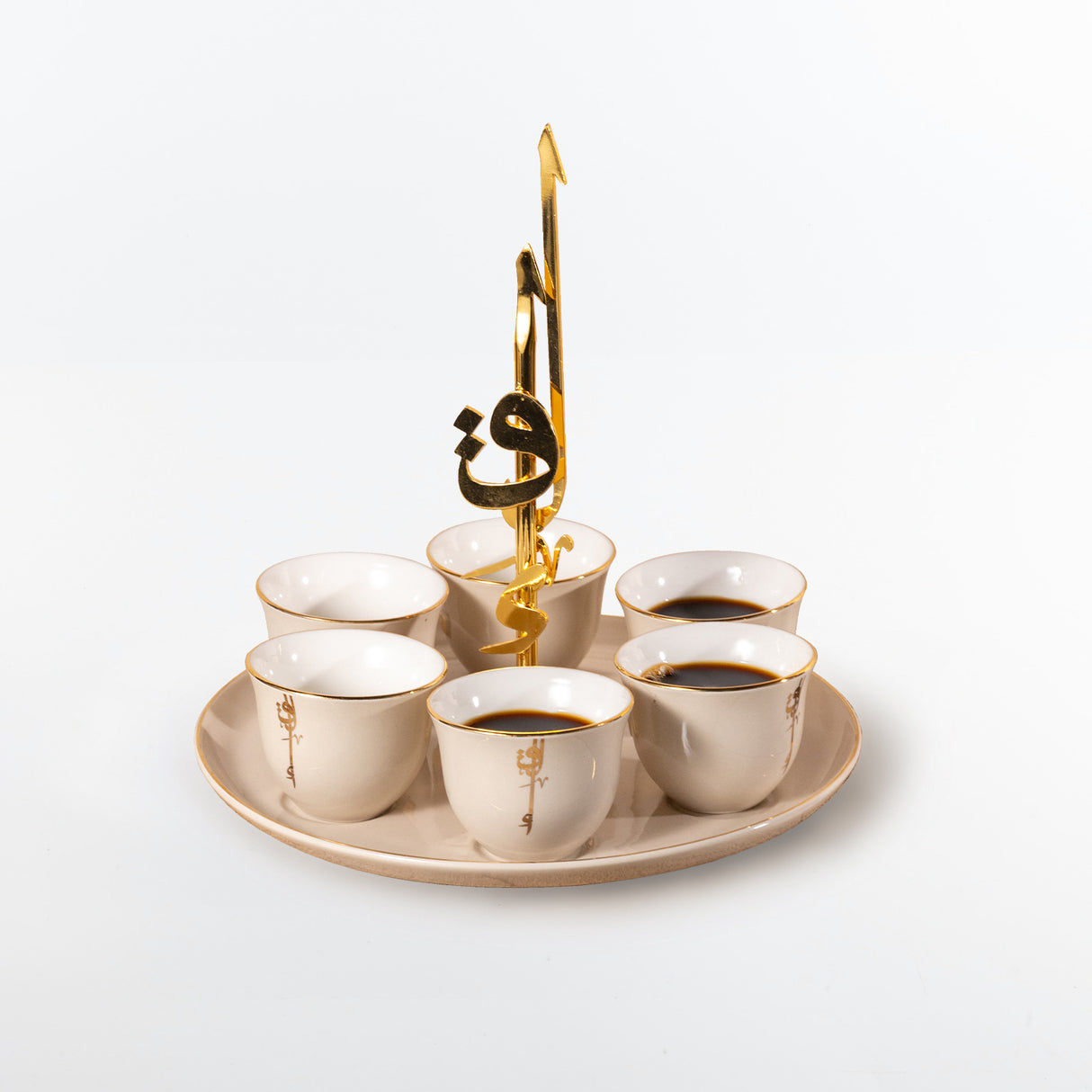 Liqa'a - Arabic Coffee Cups With Holder  - Beige & Gold