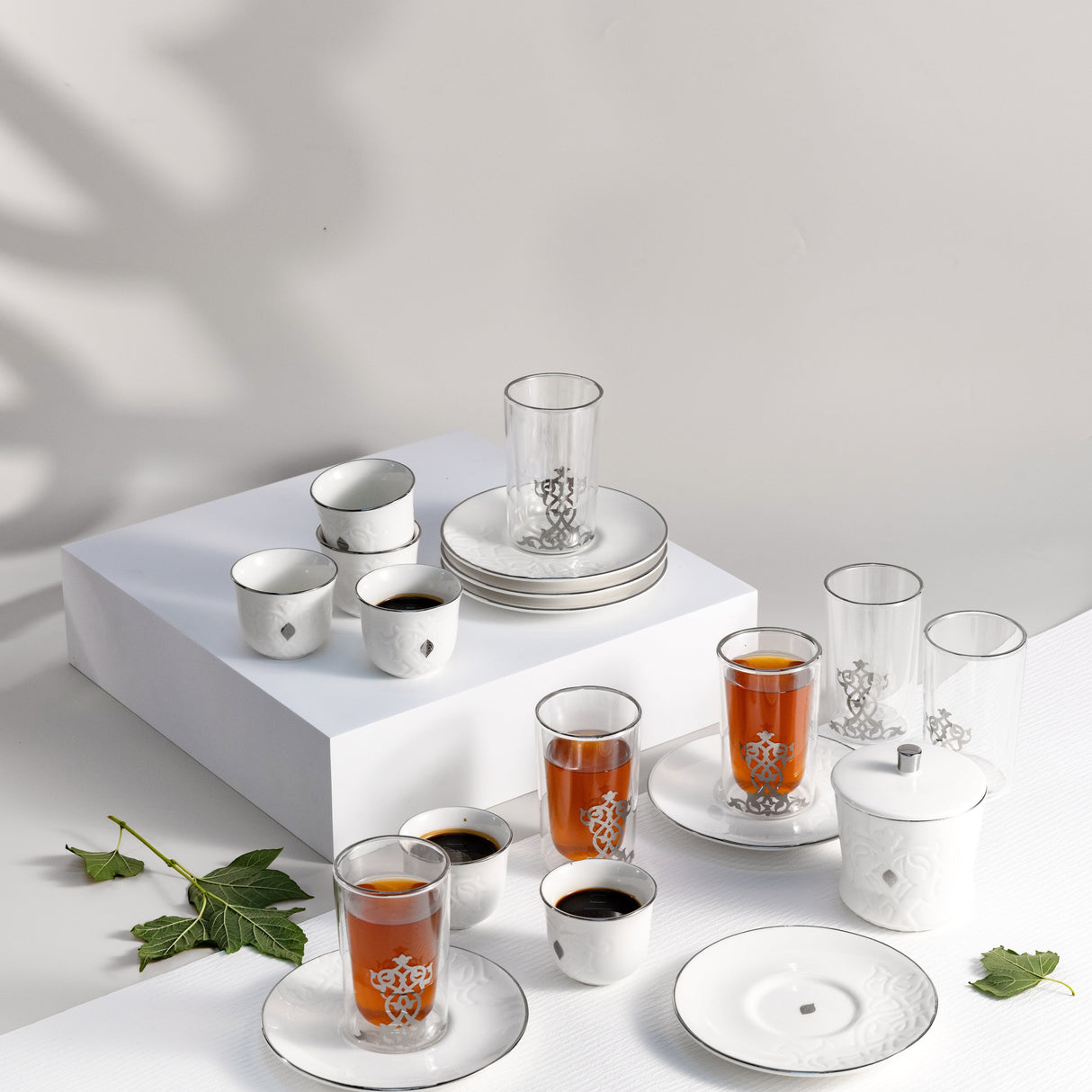 Naqsh - Tea Set (19-Pc) - White & Silver
