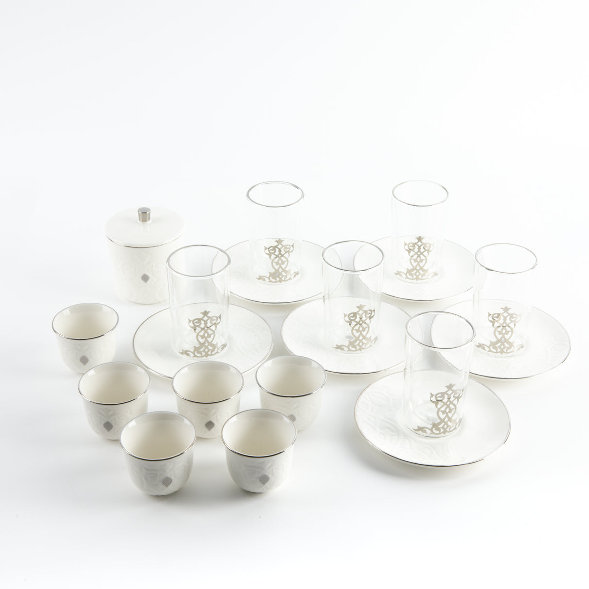 Naqsh - Tea Set (19-Pc) - White & Silver