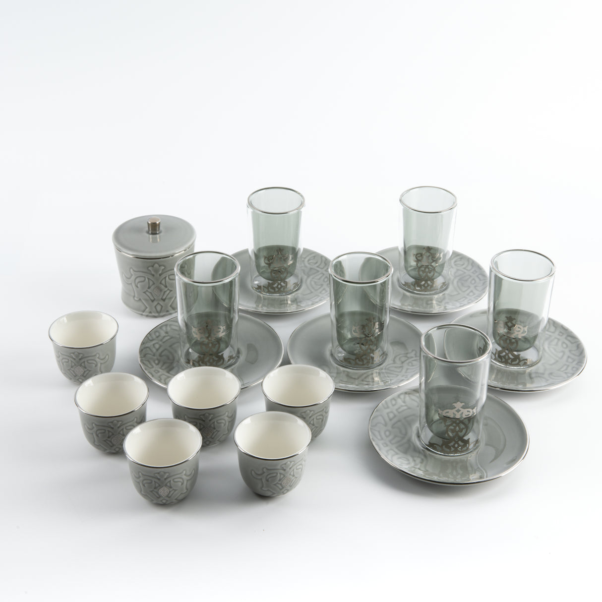 Naqsh - Tea Set (19-Pc) - Grey & Silver