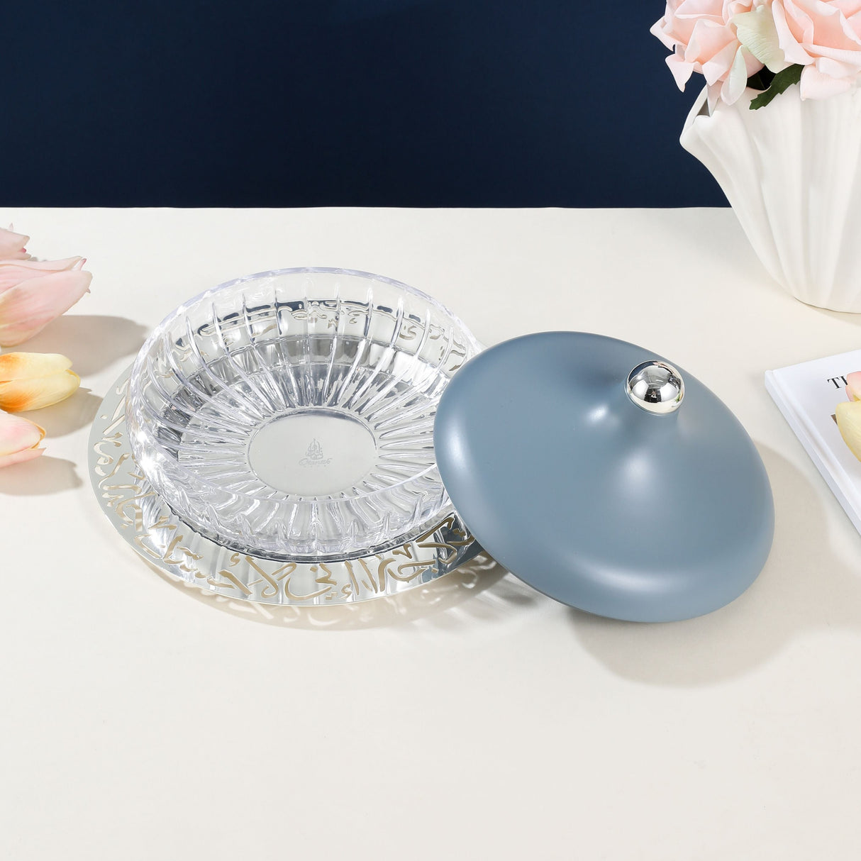 Jiwar - Medium Engraved Date & Dessert Centerpiece - Haze Blue & Silver