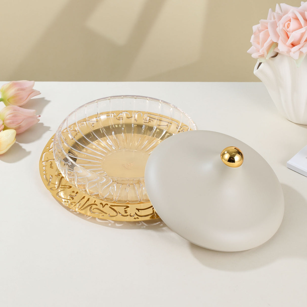 Jiwar - Large  Engraved Date & Dessert Centerpiece - Beige & Gold