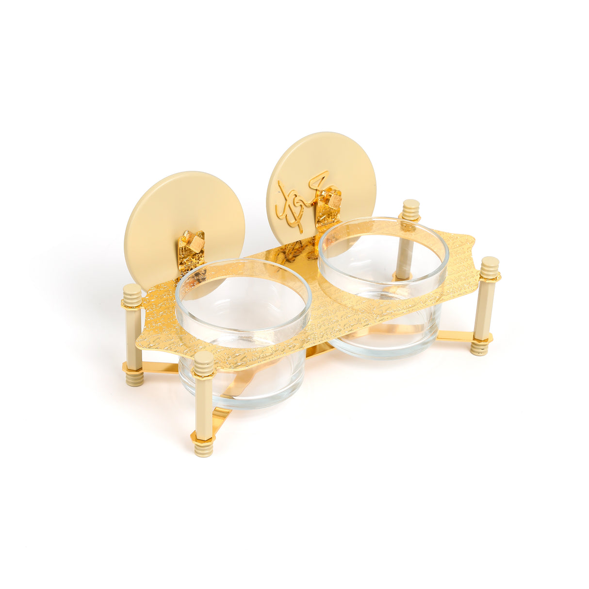Jiwar - Dual Elegant Nut Serving Set with Engraved  Base - Ivory & Gold
