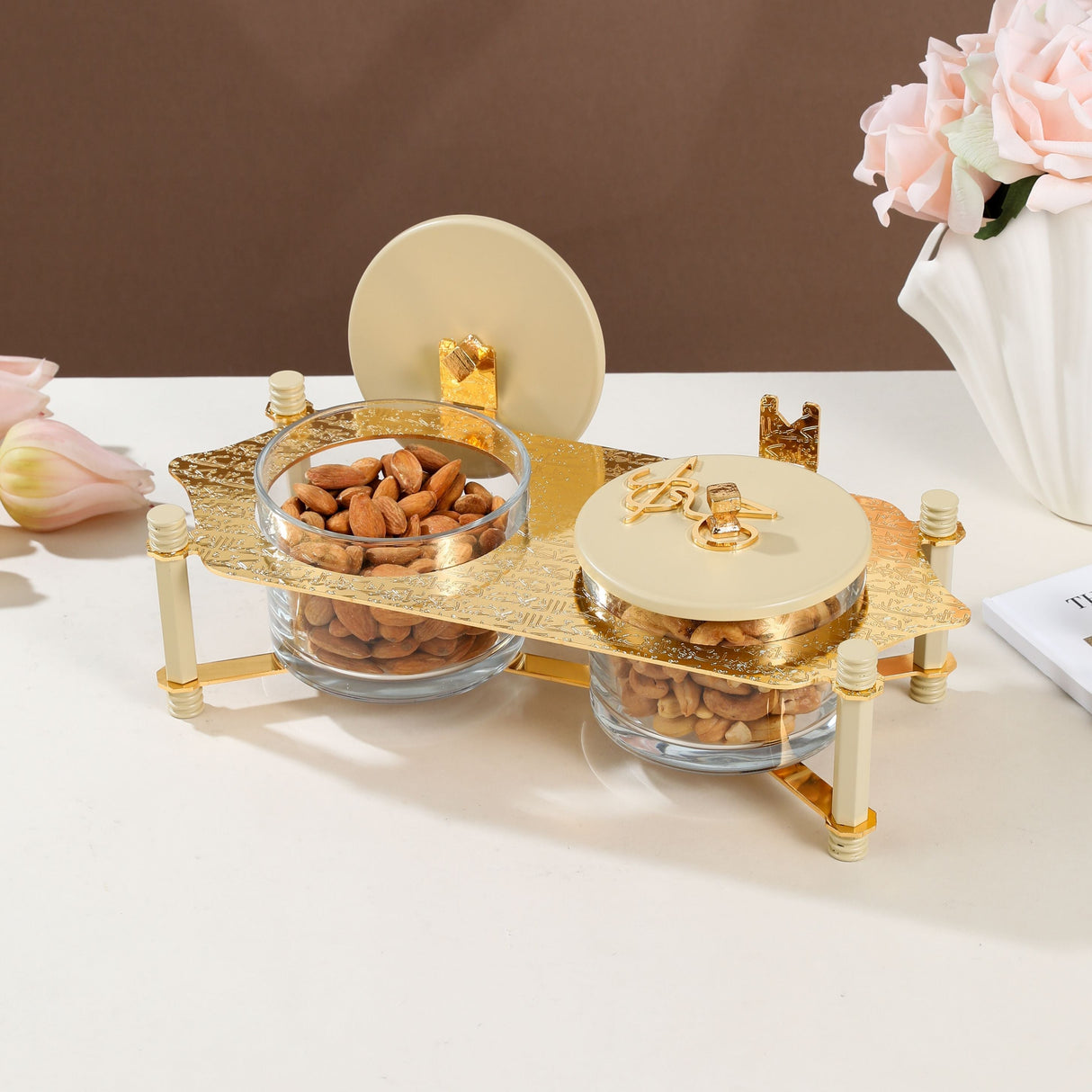 Jiwar - Dual Elegant Nut Serving Set with Engraved  Base - Ivory & Gold