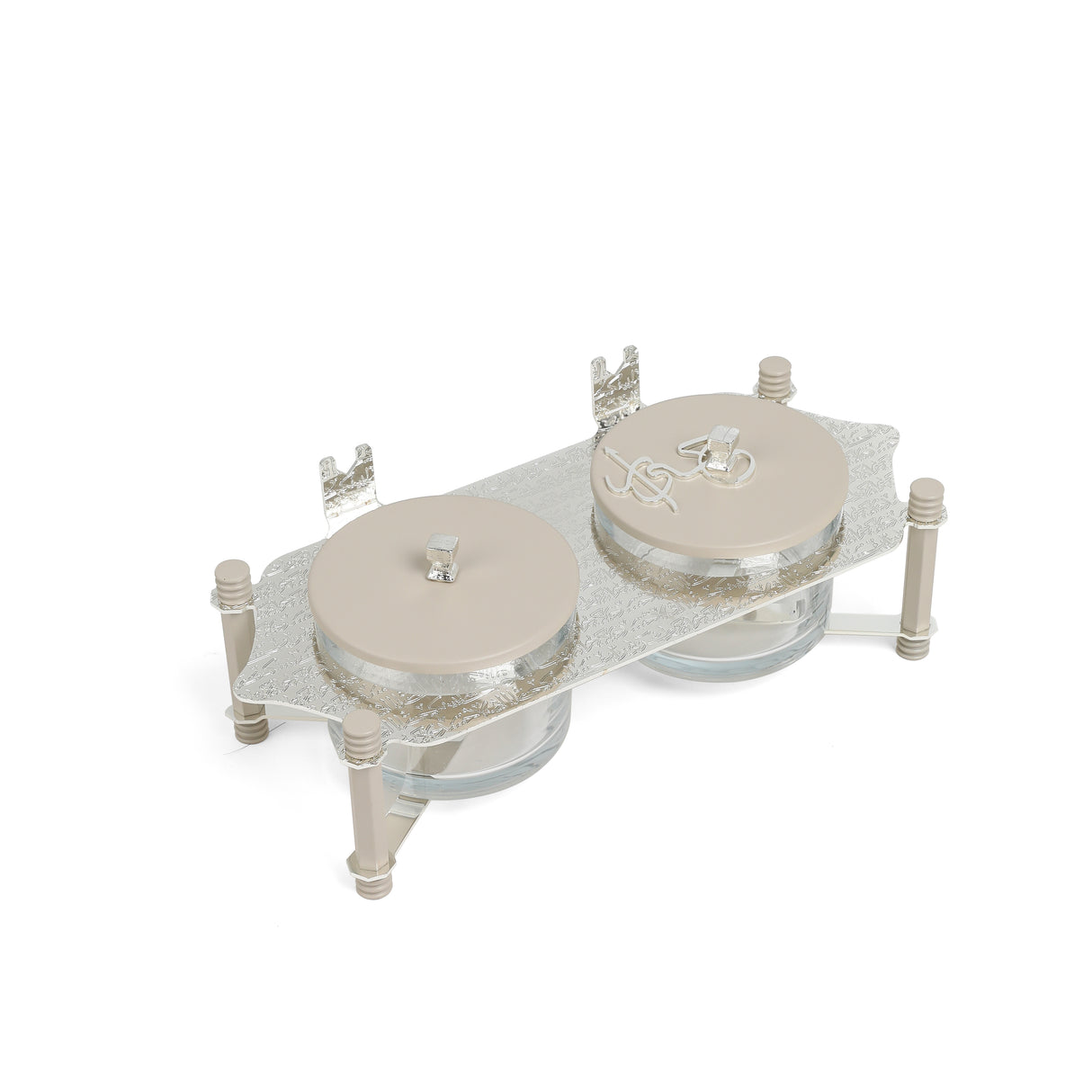 Jiwar - Dual Elegant Nut Serving Set with Engraved  Base - Beige & Silver