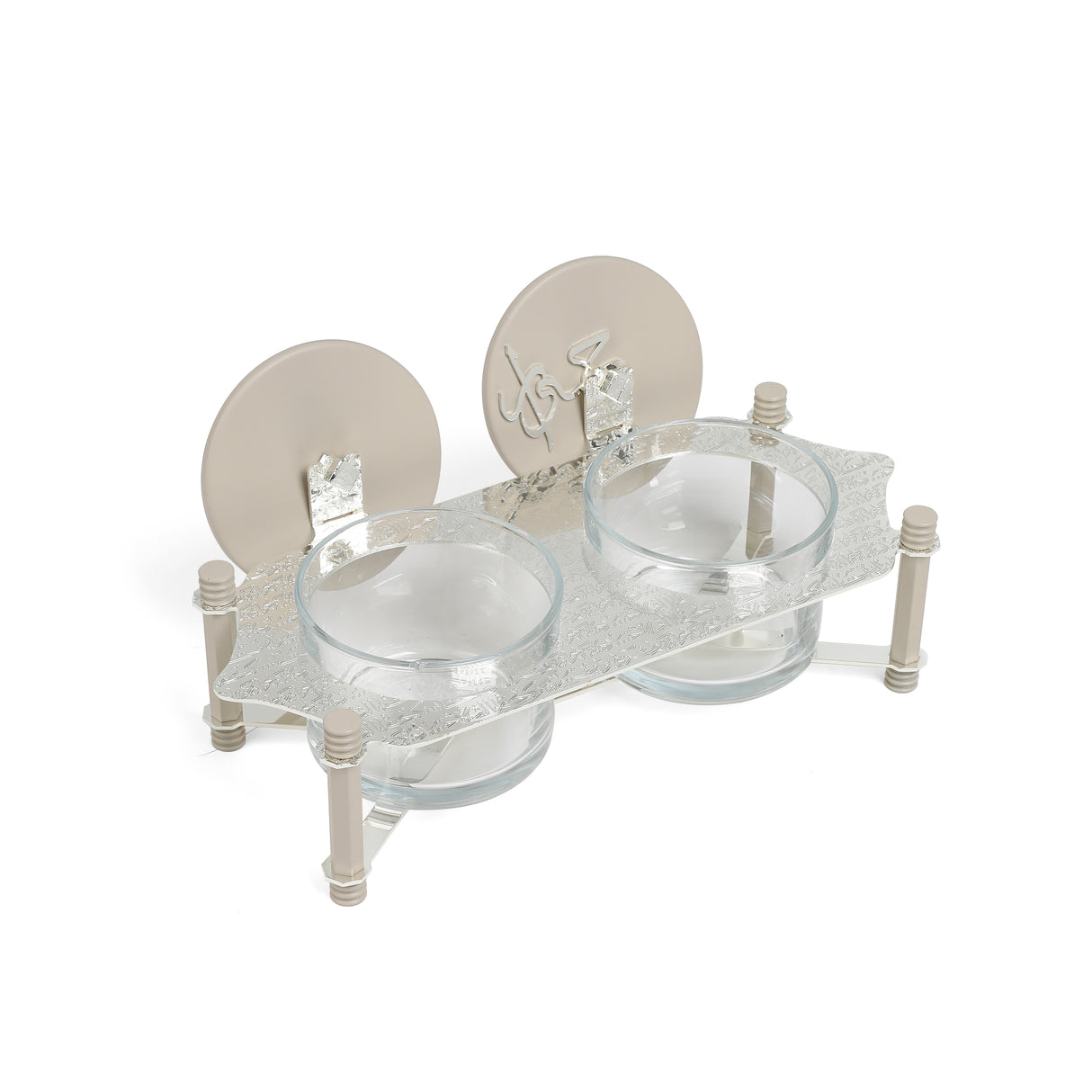 Jiwar - Dual Elegant Nut Serving Set with Engraved  Base - Beige & Silver