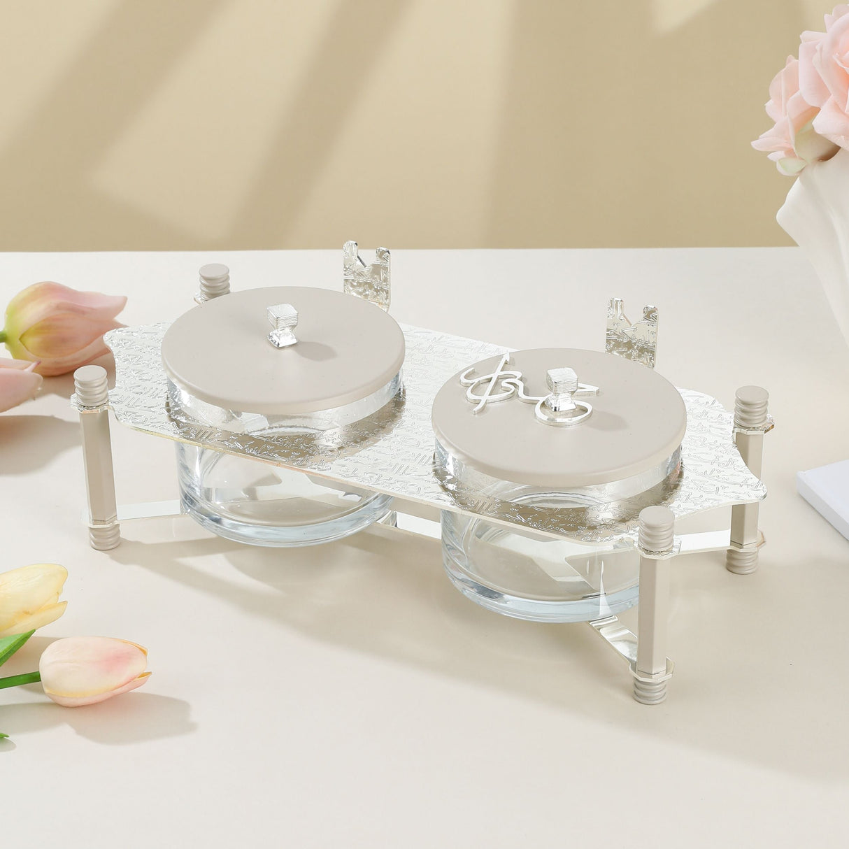 Jiwar - Dual Elegant Nut Serving Set with Engraved  Base - Beige & Silver