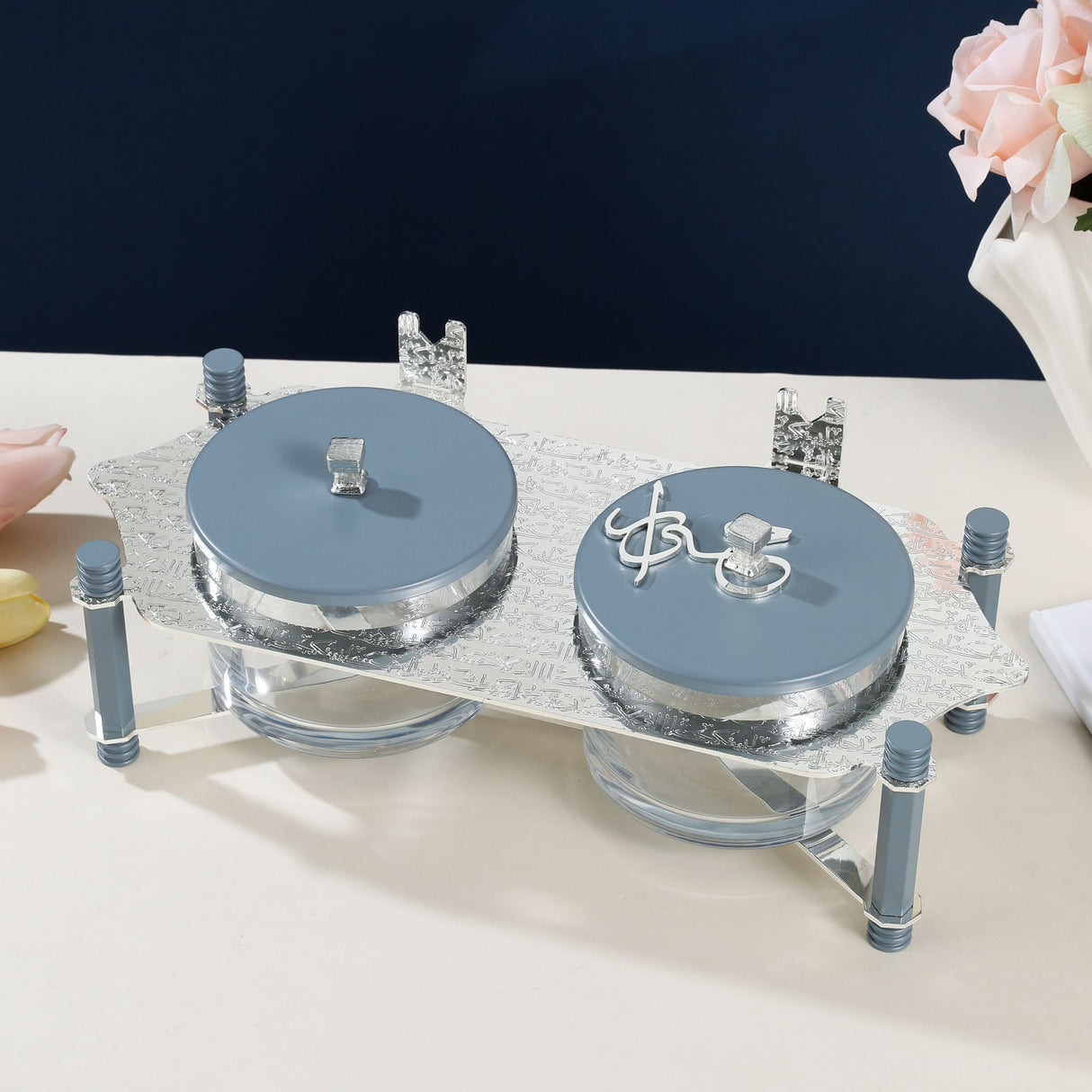 Jiwar - Dual Elegant Nut Serving Set with Engraved - Haze Blue & Silver