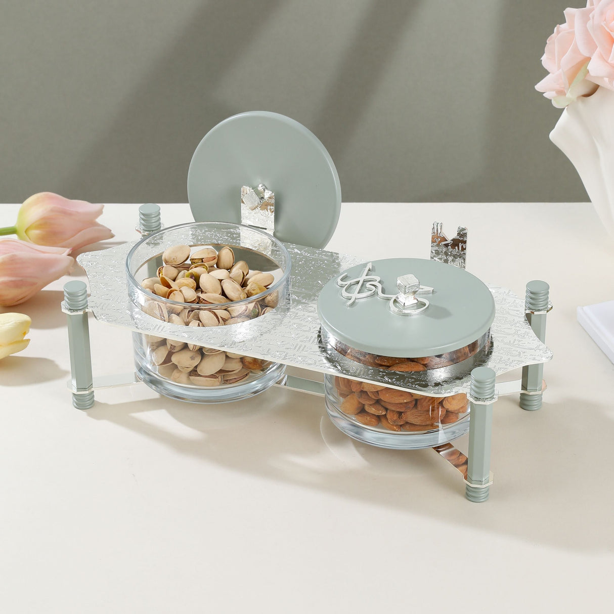 Jiwar - Dual Elegant Nut Serving Set with Engraved  Base - Mint Green & Silver