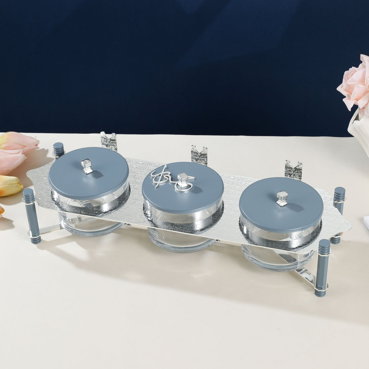 Jiwar - Triple Elegant Nut Serving Set with Engraved  Base - Haze BLue & Siver