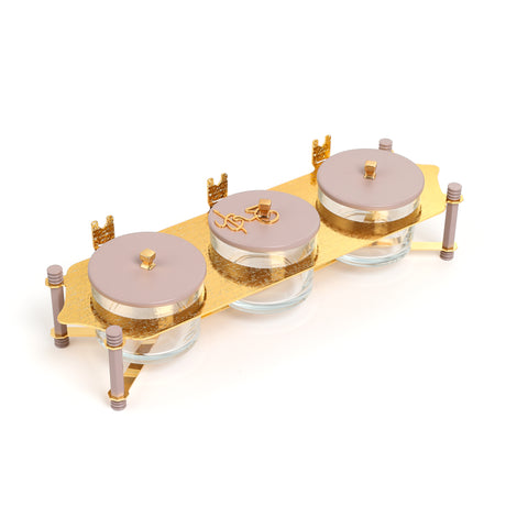 Jiwar - Triple Elegant Nut Serving Set with Engraved  Base - Lavender & Gold