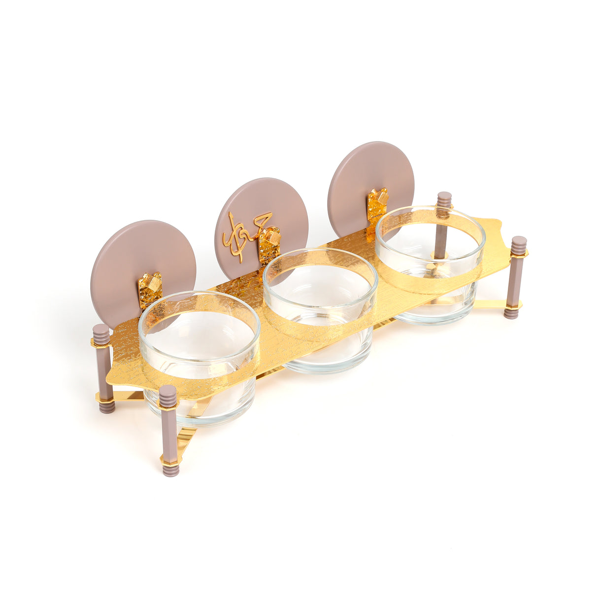 Jiwar - Triple Elegant Nut Serving Set with Engraved  Base - Lavender & Gold