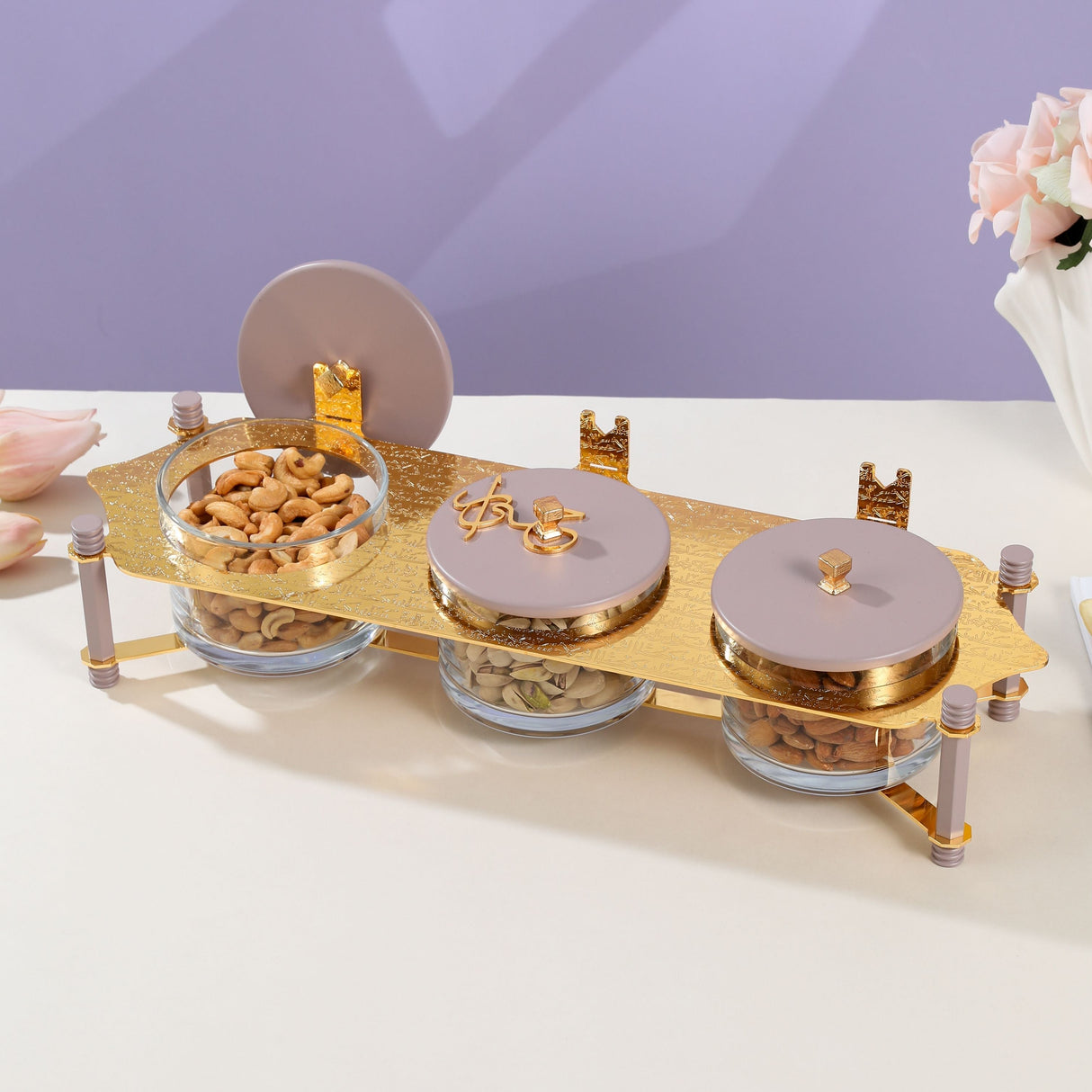 Jiwar - Triple Elegant Nut Serving Set with Engraved  Base - Lavender & Gold
