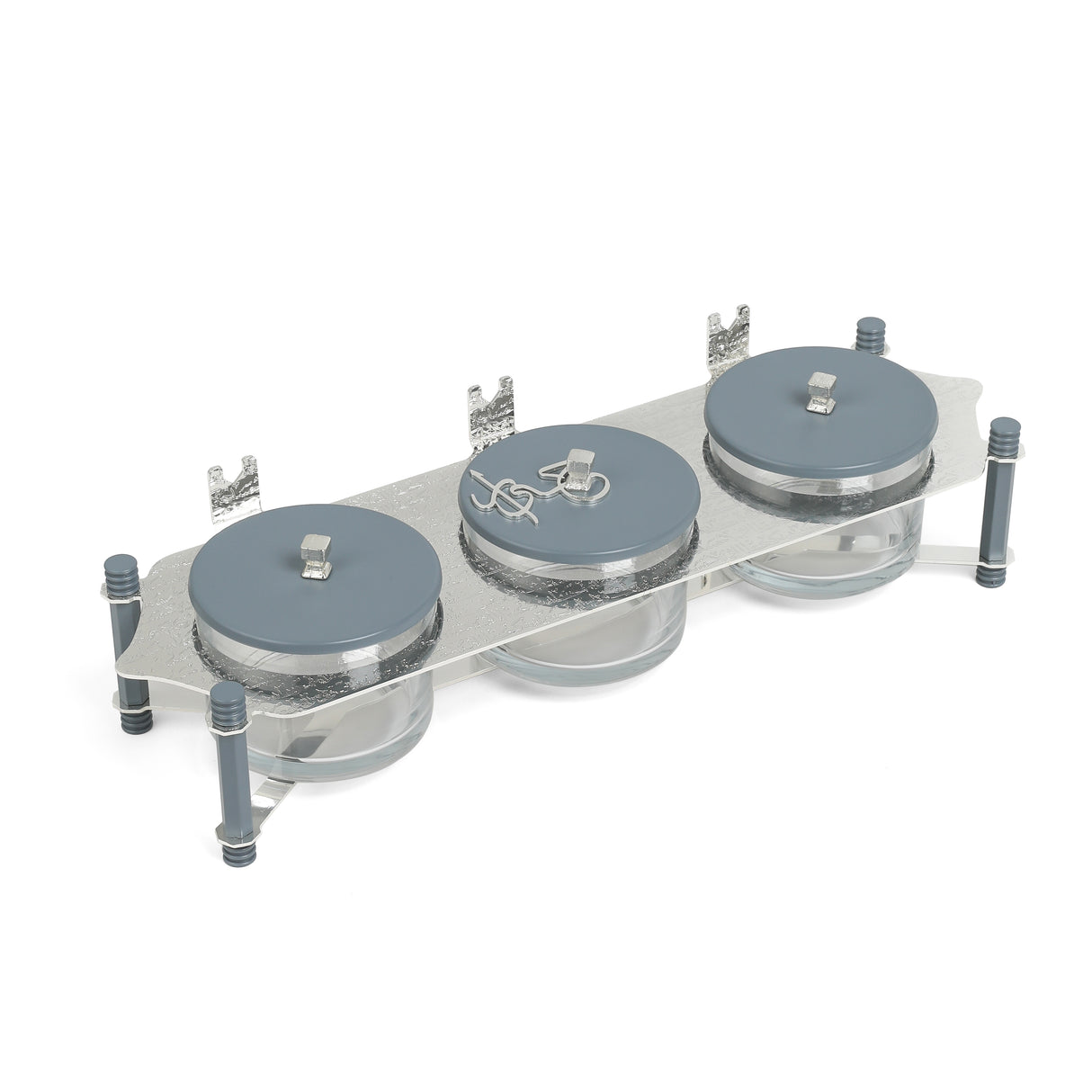 Jiwar - Triple Elegant Nut Serving Set with Engraved  Base - Haze BLue & Siver
