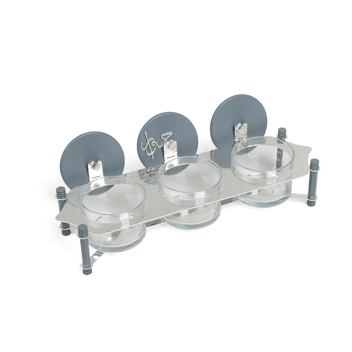 Jiwar - Triple Elegant Nut Serving Set with Engraved  Base - Haze BLue & Siver