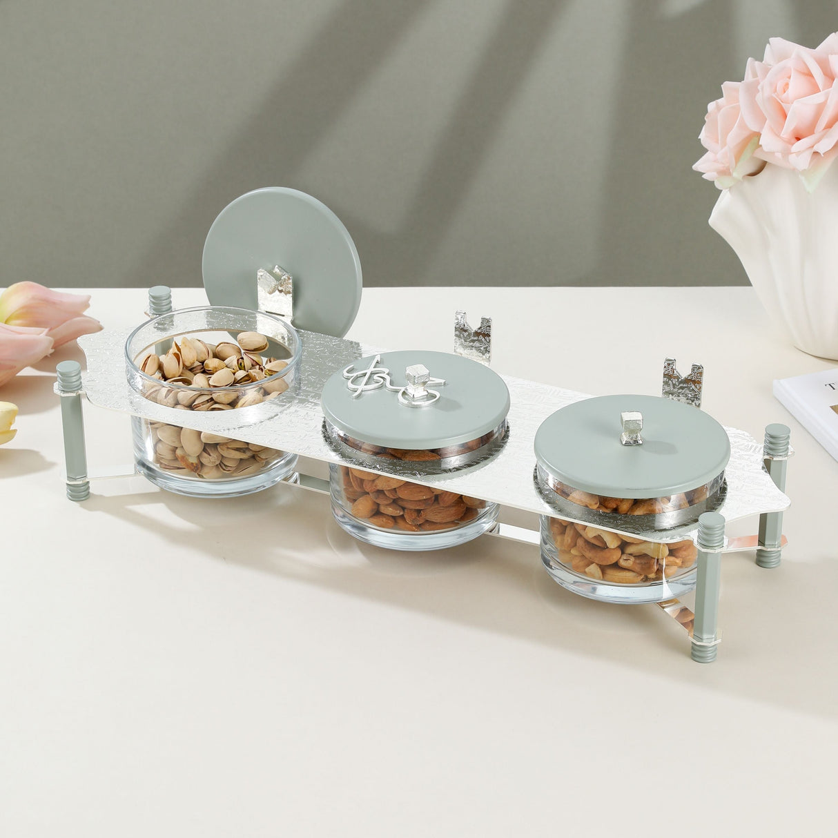 Jiwar - Triple Elegant Nut Serving Set with Engraved  Base - Mint Green & Silver