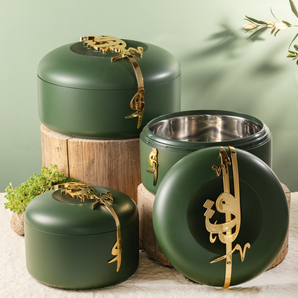 Liqa'a - Food Thermos/ Warm Serv (Set of 3) - Olive Green  & Gold