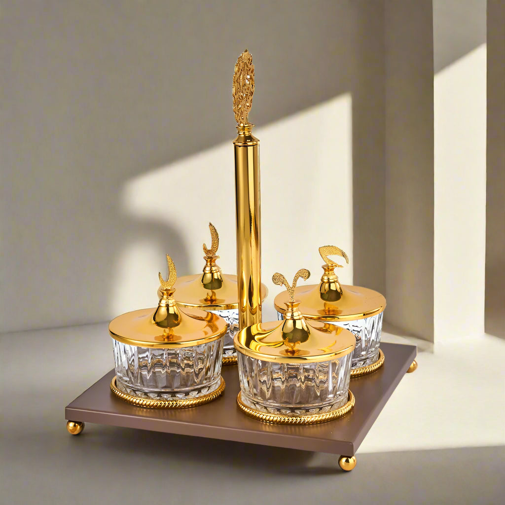 Zuwar - Snacks Serving Stand (4 Bowls)- Brown &Gold