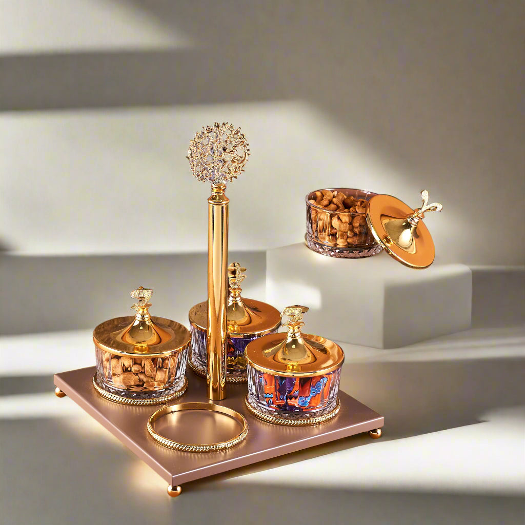 Zuwar - Snacks Serving Stand (4 Bowls)- Brown &Gold