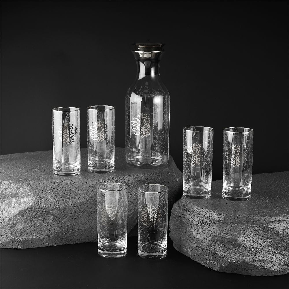 Zuwar Joud- Jarra de vidrio y 6 tazas altas - Plata