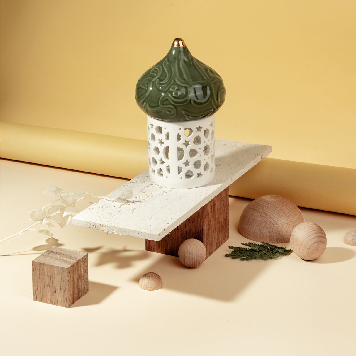 Diwan - Small Lantern Candle Holder - Olive Green & Gold