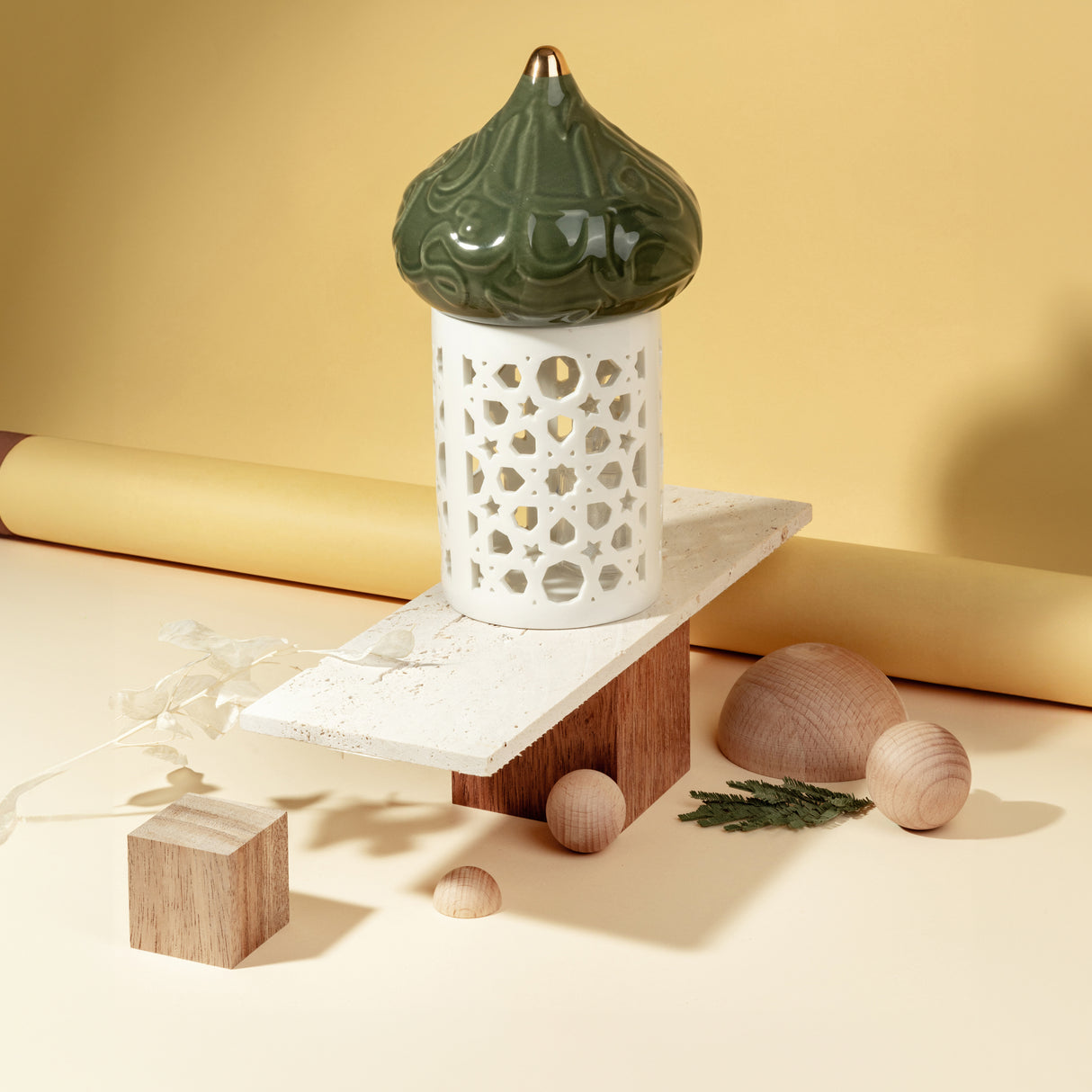 Diwan - Medium Lantern Candle Holder - Olive Green & Gold