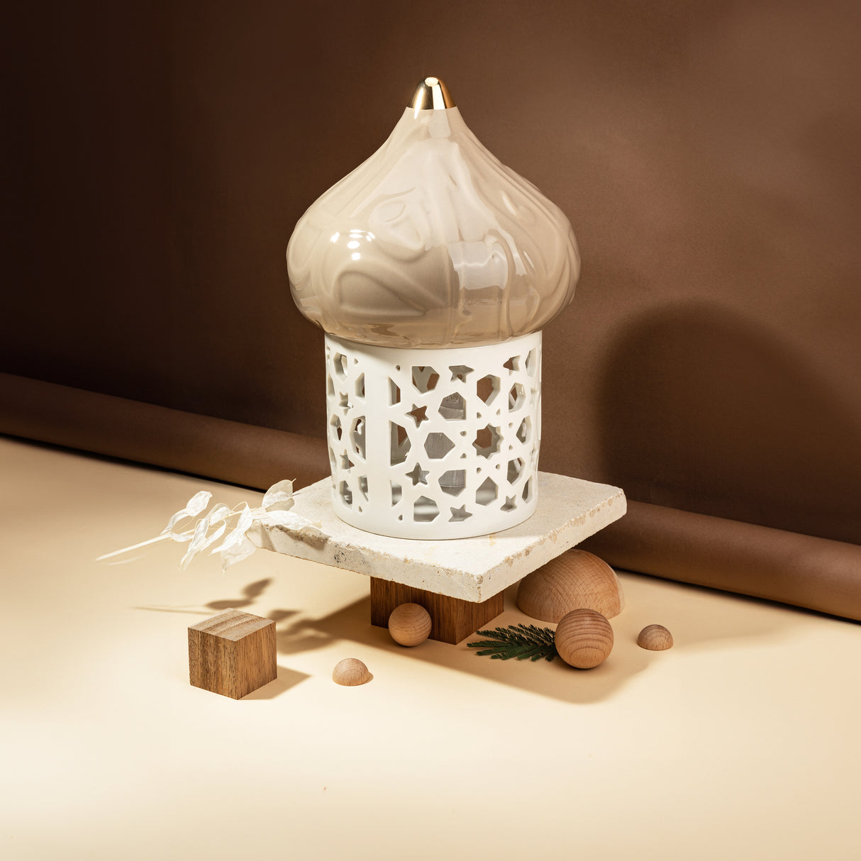 Diwan - Large Lantern Candle Holder -  Coffee & Gold