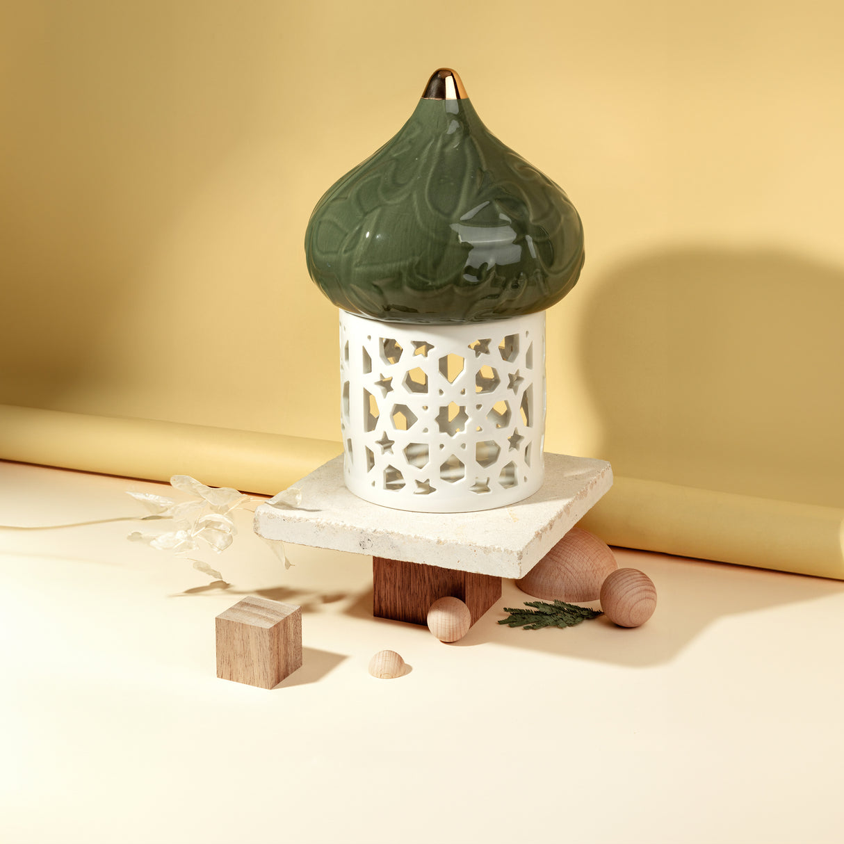 Diwan - Large Lantern Candle Holder - Olive Green & Gold