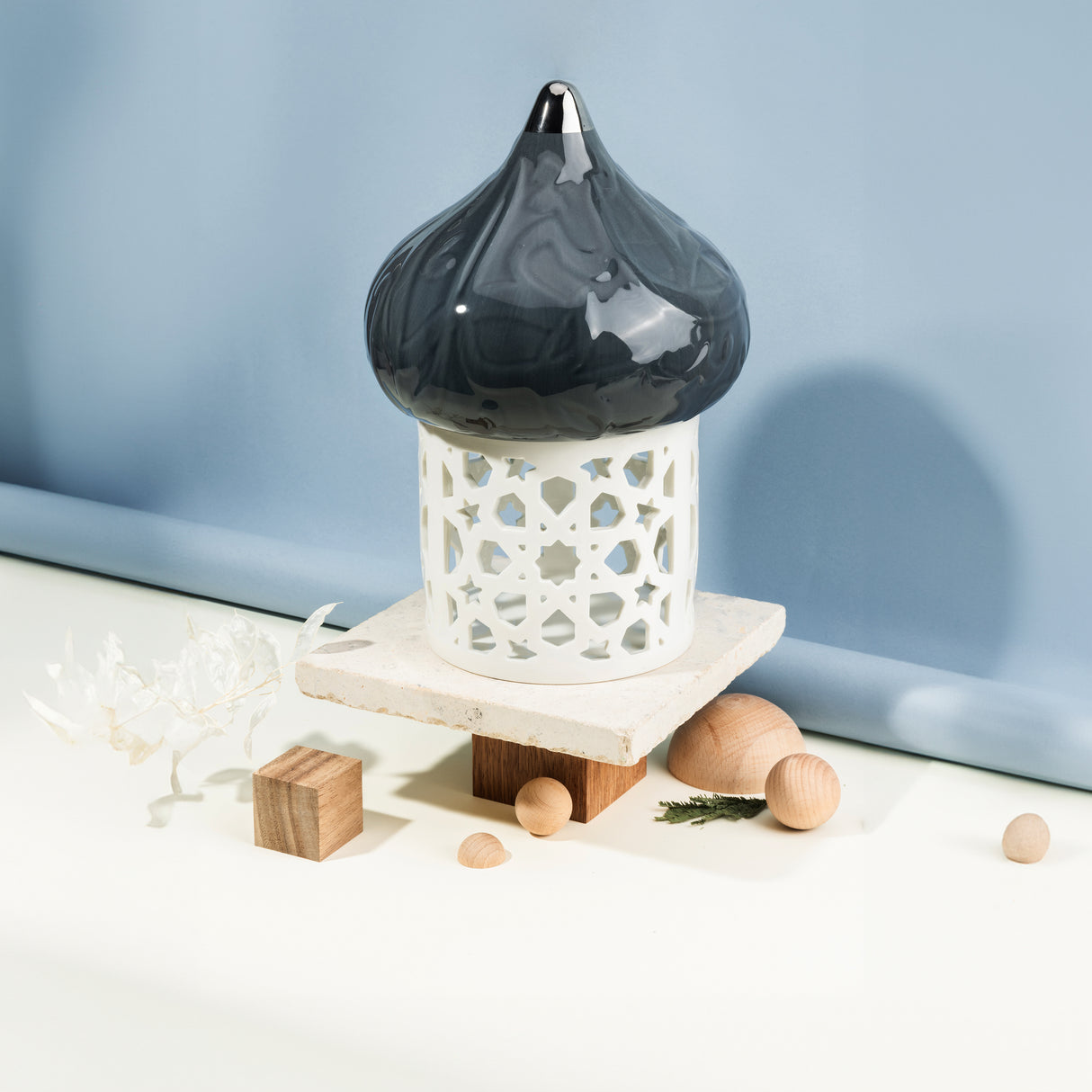 Diwan - Large Lantern Candle Holder - Dark Blue & Silver