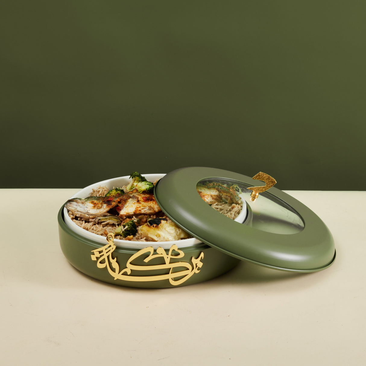 Luxury Diwan - Large Buffet Server - Olive Green & Gold