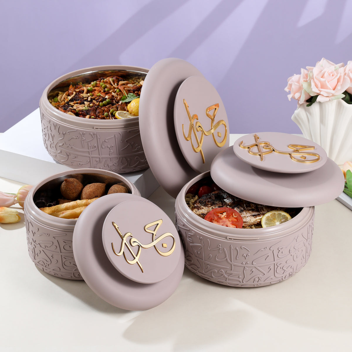 Jiwar - Food Thermos/Warm Serv (Set of 3)- Lavender & Gold