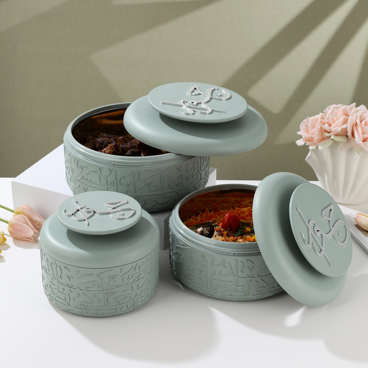 Jiwar - Food Thermos/Warm Serv (Set of 3)- Mint Green & Silver