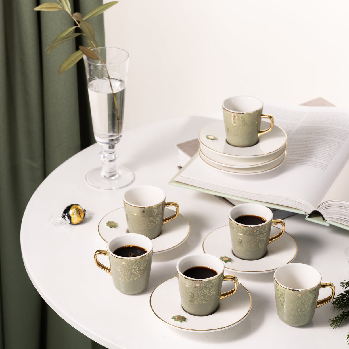 Asala - Esspresso/Turkish Coffee Set (12-Pc) - Olive Green & Gold