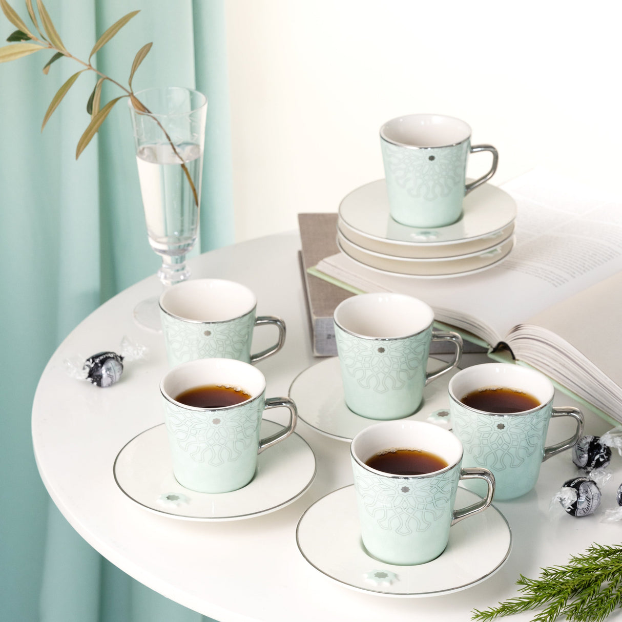 Asala - Cappuccino Set (12-Pc) - Teal & Silver