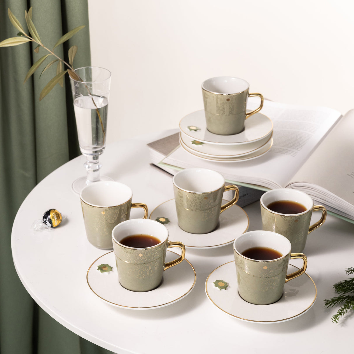 Asala - Cappuccino Set (12-Pc) - Olive Green & Gold