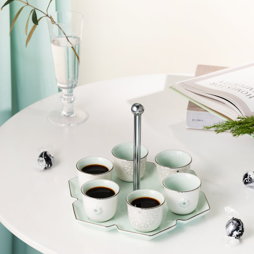 Asala - Arabic Coffee Cups With Holder - Teal & Silver