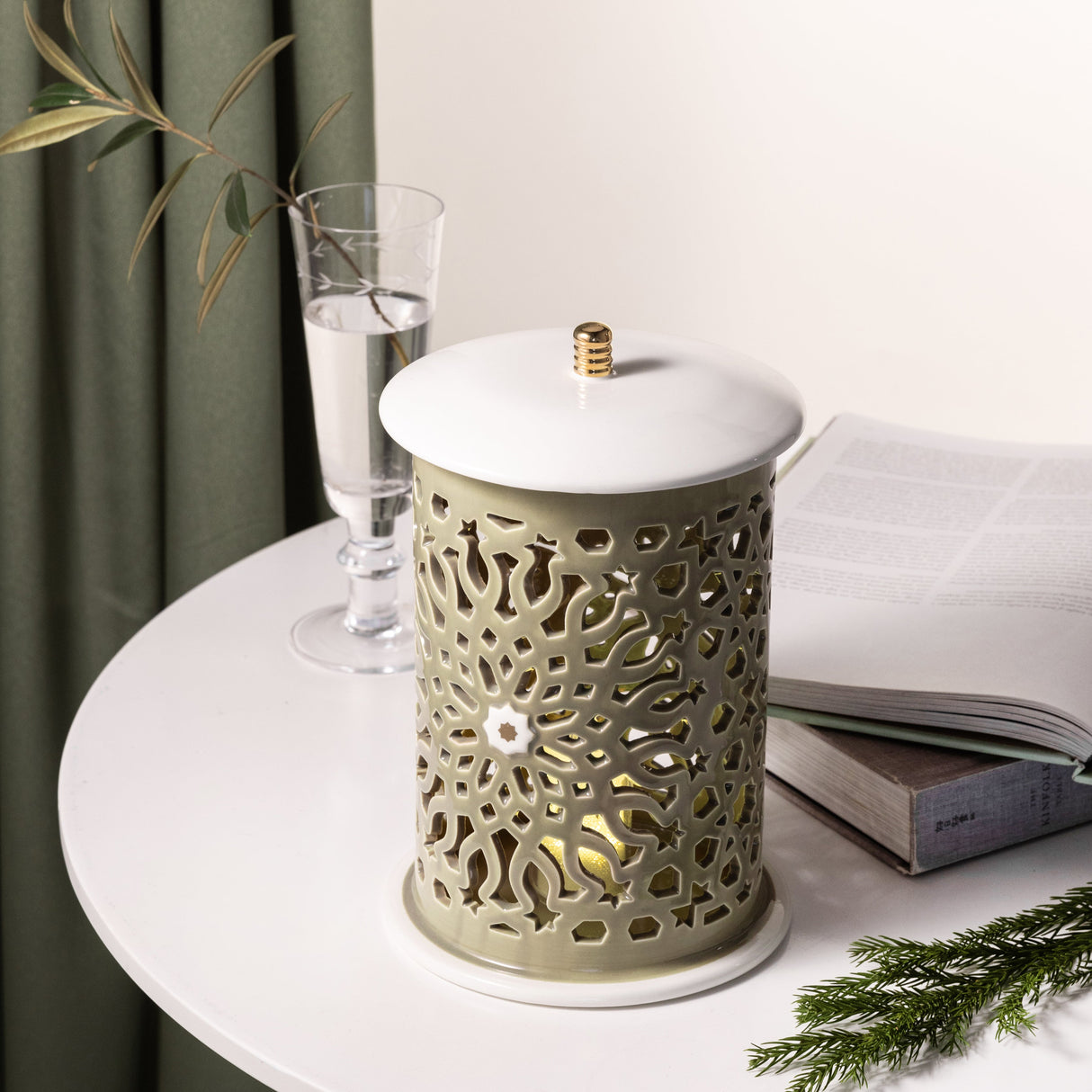 Asala - Large Lantern Candle Holder - Olive Green & Gold
