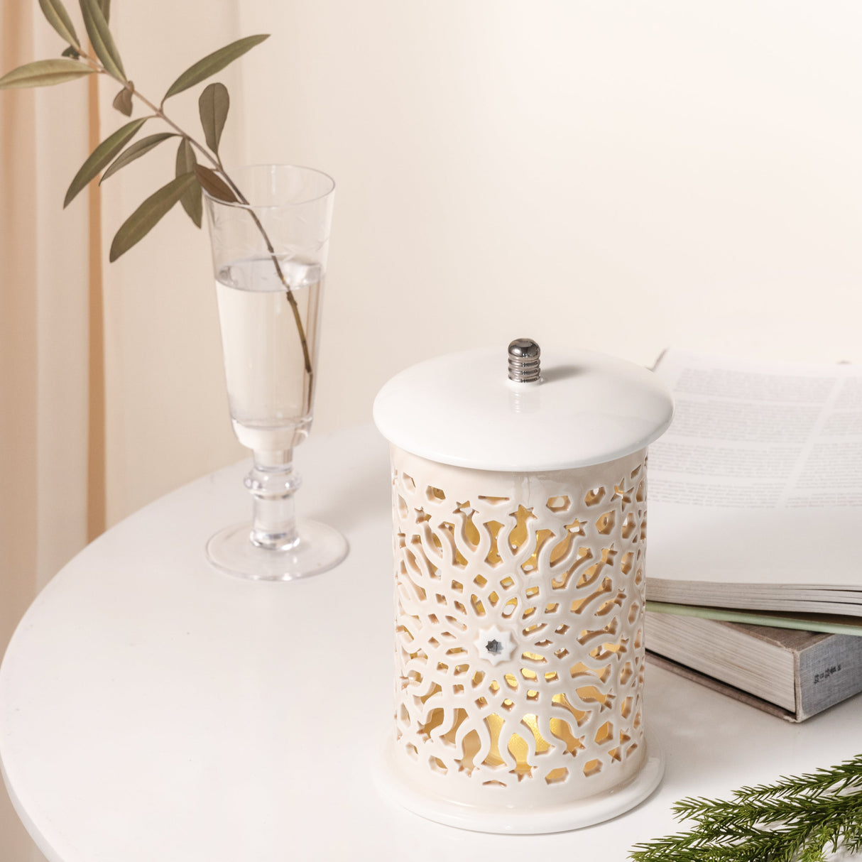 Asala - Large Lantern Candle Holder - Beige & Silver