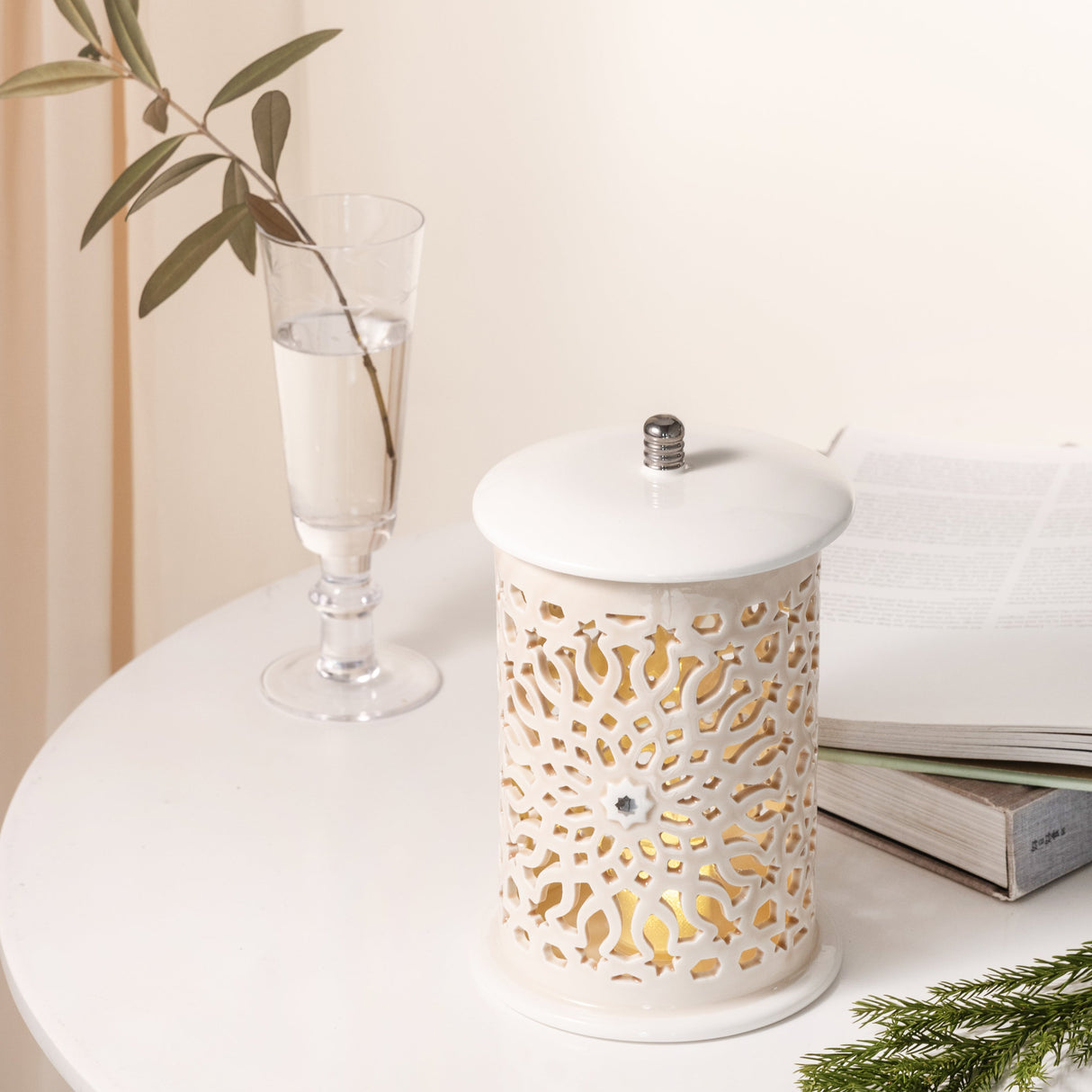 Asala - Medium Lantern Candle Holder - Beige & Silver