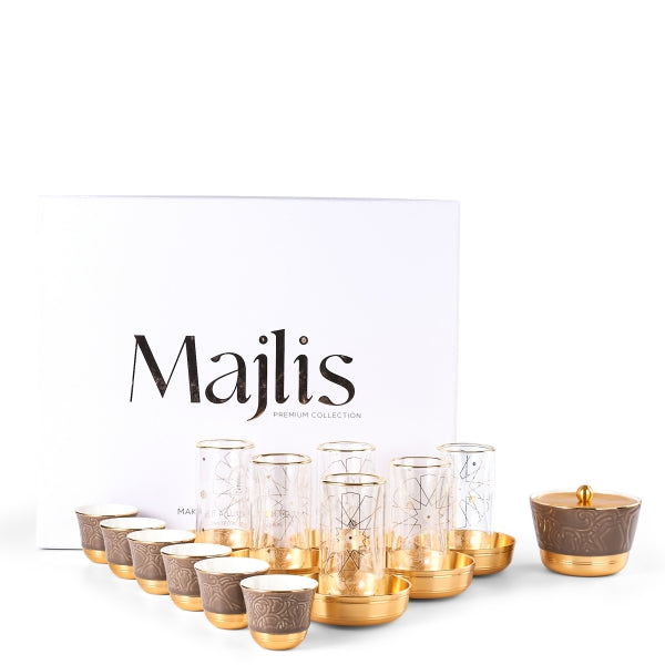Majlis - Glass Tea Cups and Arabic Coffee Cups, 19 Pieces - Brown