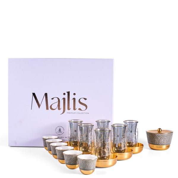 Majlis - Glass Tea Cups and Arabic Coffee Cups, 19 Pieces - Grey