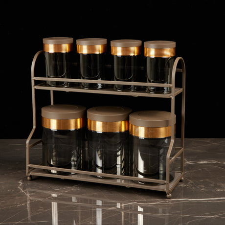 Luxury Majlis - 6 Jar Spice with 2 Tier Rack - Brown & Gold